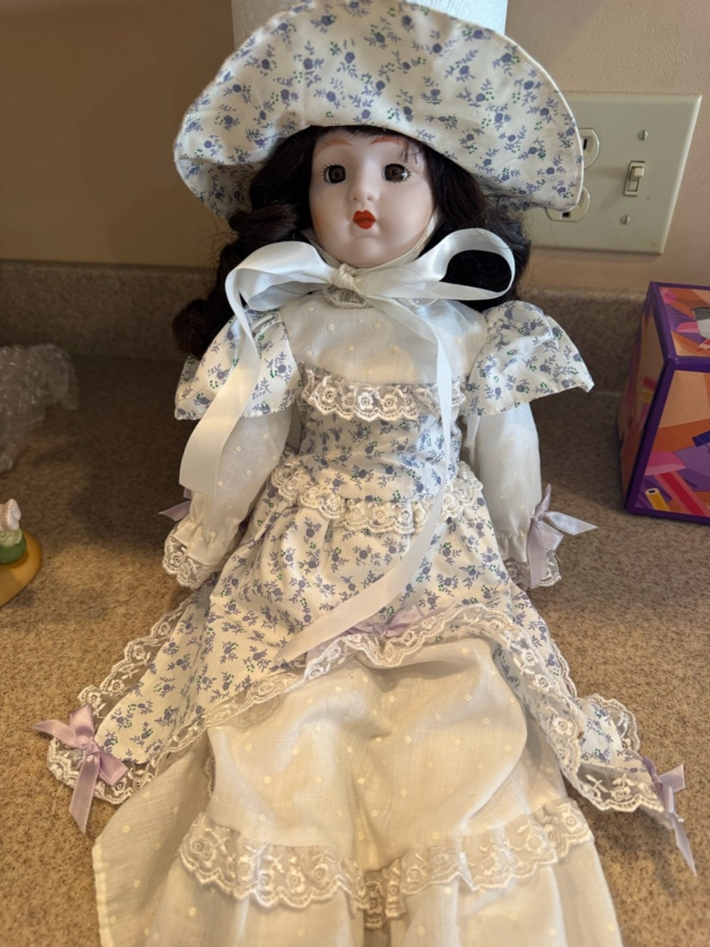 Porcelain Fashion Doll Music Box in White and Lavender Floral Dress